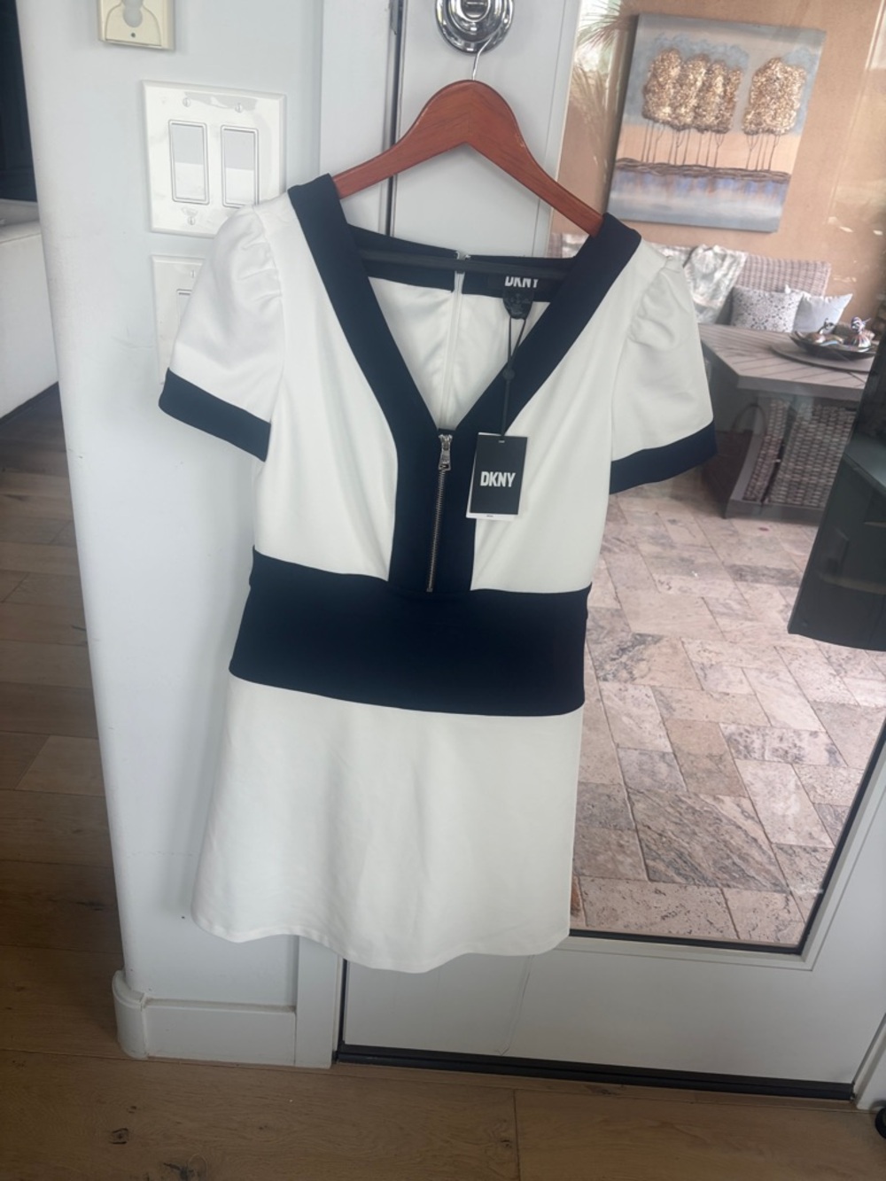 DKNY White and Blue V-Neck Mini Dress with Contrast Waistn